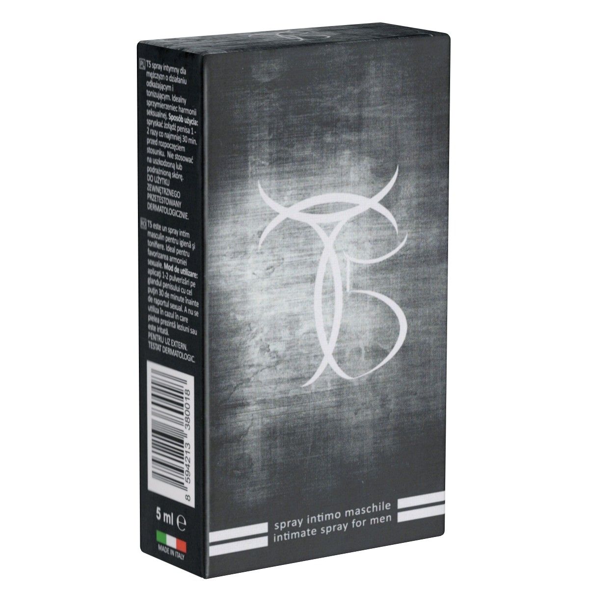 Schwarze Schachtel mit weißem Logo. Text: spray intimo maschile, intimate spray for men. 5 ml.