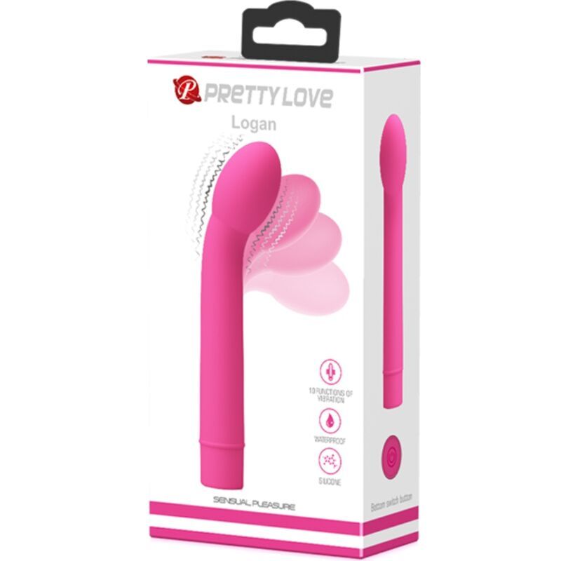 Verpackung von Pretty Love Logan Vibrator. Rosa Vibrator abgebildet. Text: Sensual Pleasure, Funktionen, Silikon.