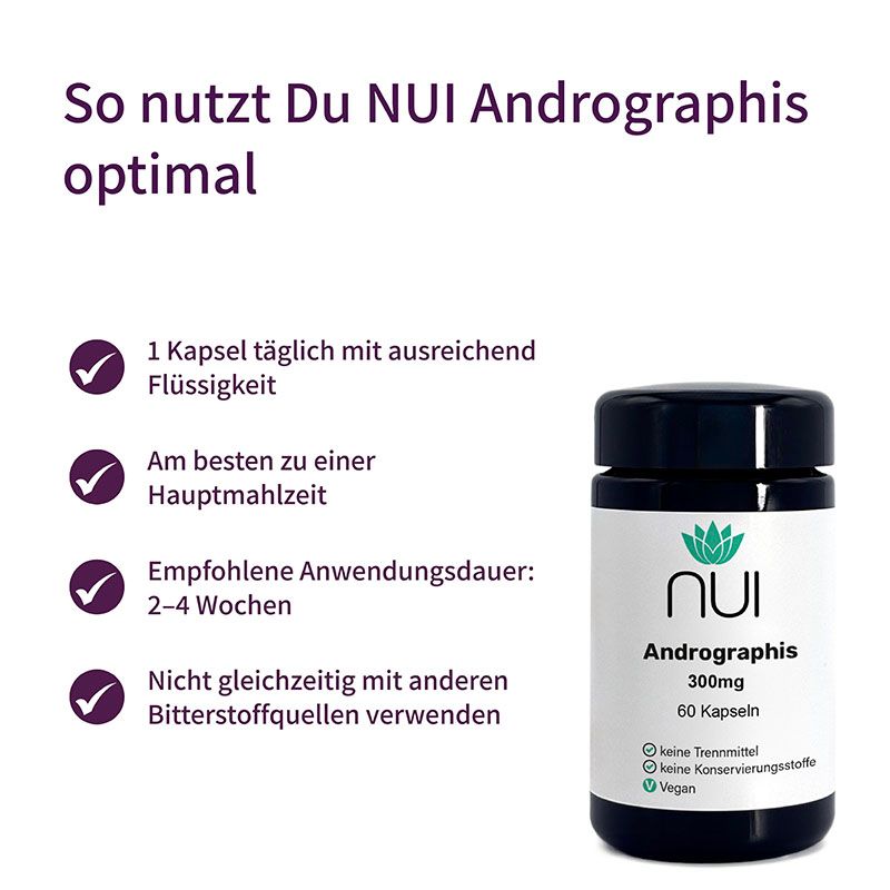 Schwarze Flasche mit weißem Etikett. Aufschrift: NUI Andrographis, 300mg, 60 Kapseln. Vegan. Text mit Anwendungshinweisen.