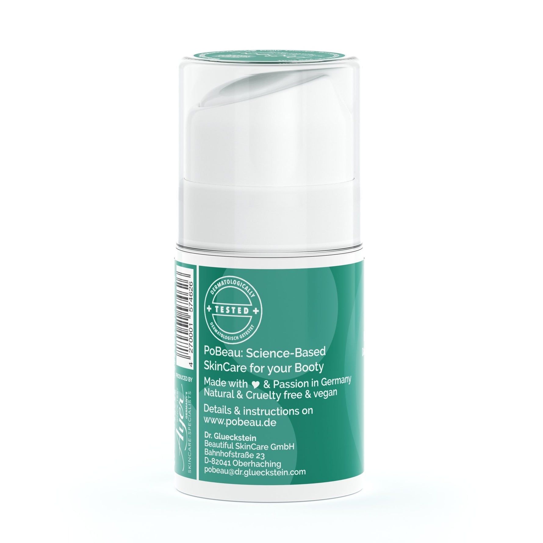 Pobeau Butt Blemish Balancing Gel. Rückseite der Flasche. Grünes Etikett mit Text: Science-Based SkinCare, Made with & Passion, vegan. Getestet.