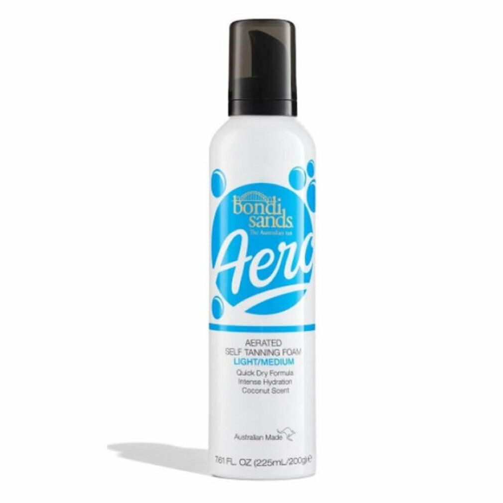Weiße Flasche mit schwarzem Deckel. Aufschrift "Bondi Sands Aero". Text: "Light/Medium", "Quick Dry Formula".