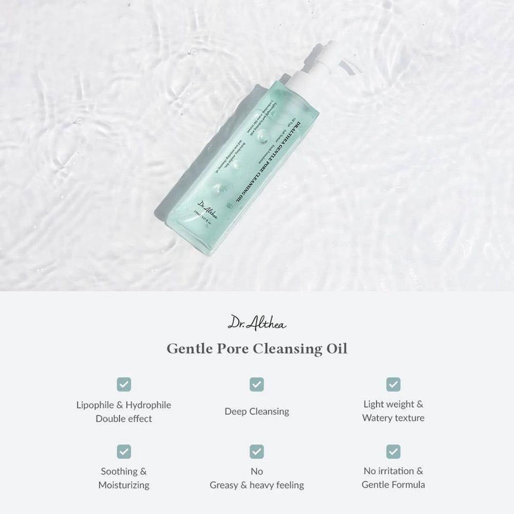Dr. Althea Gentle Pore Vegan Cleansing Oil in Wasser, mit Merkmalen wie 'Deep Cleansing'.