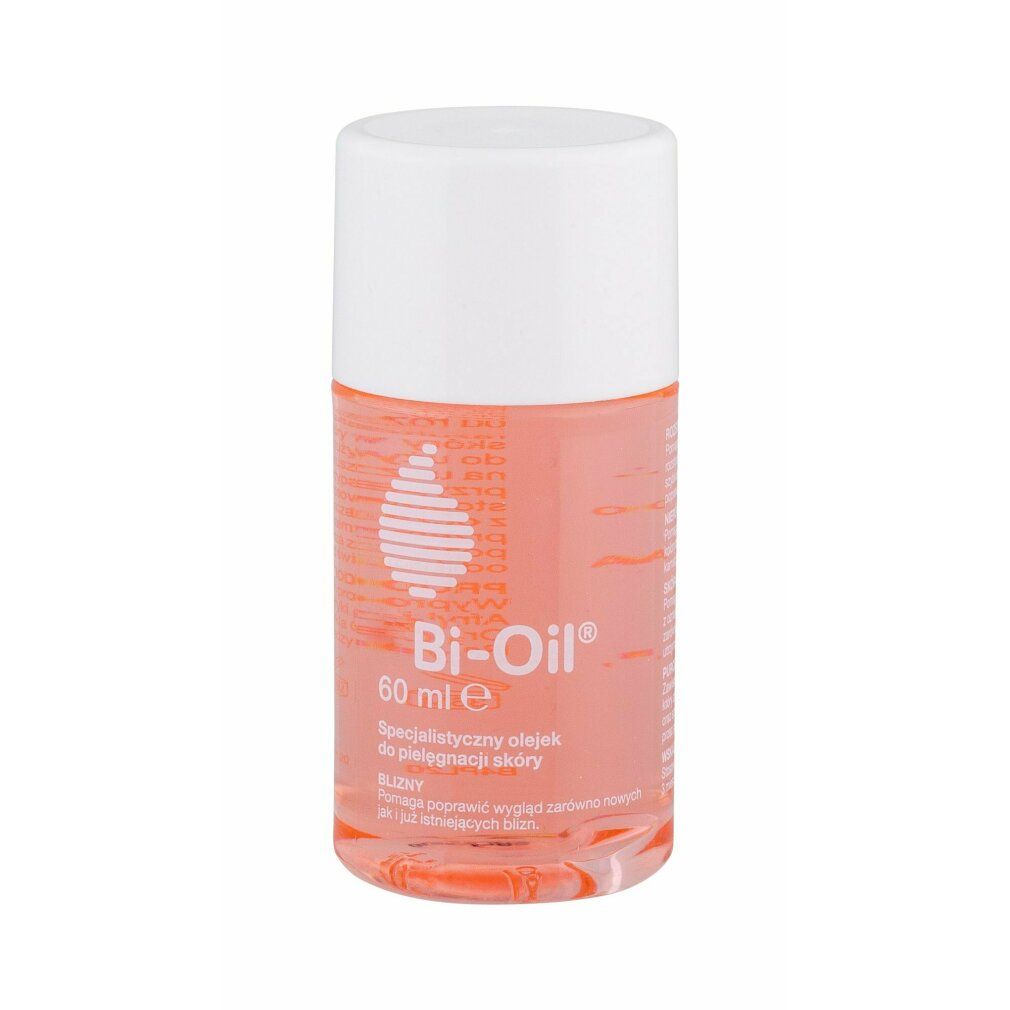 Zylindrische Flasche mit weißem Deckel. Aufschrift: Bi-Oil, 60 ml. Rosa Flüssigkeit sichtbar. Spezialöl für die Hautpflege.