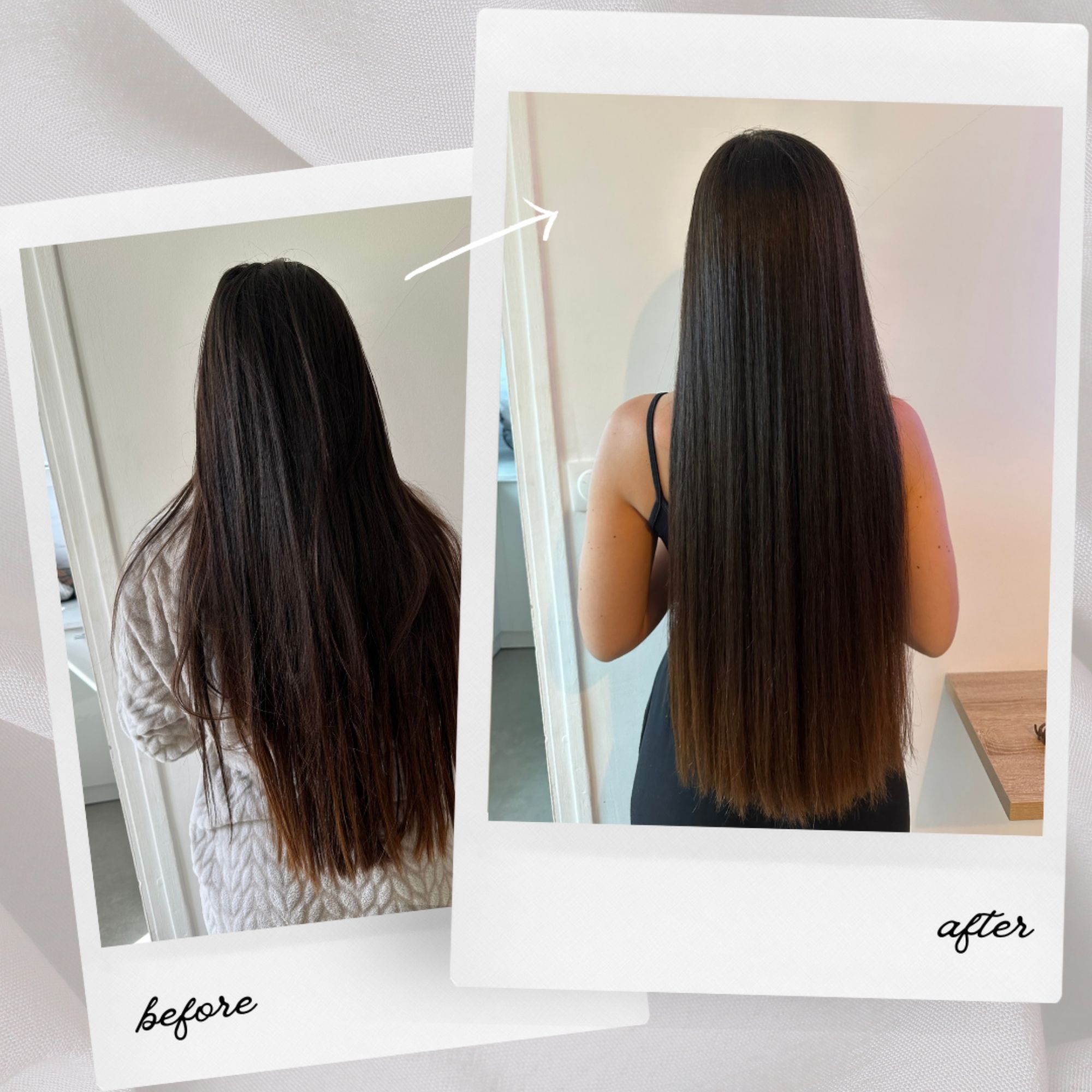 Photo avant-après de cheveux. Gauche: avant le traitement. Droite: après le traitement. Cheveux lisses et brillants.