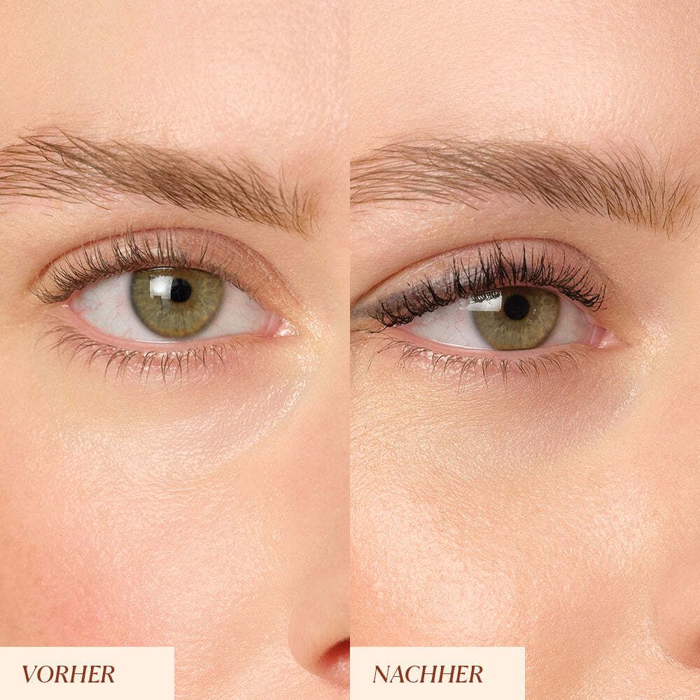 Vergleich von Augen vor und nach dem Auftragen von Kajal. Links: Vorher. Rechts: Nachher.
