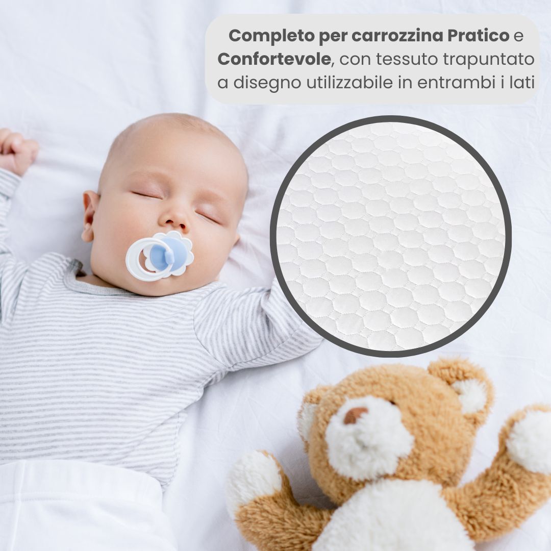 Bambino su lenzuolo bianco con orsacchiotto e ciuccio. Dettaglio: superficie materasso a nido d'ape.
