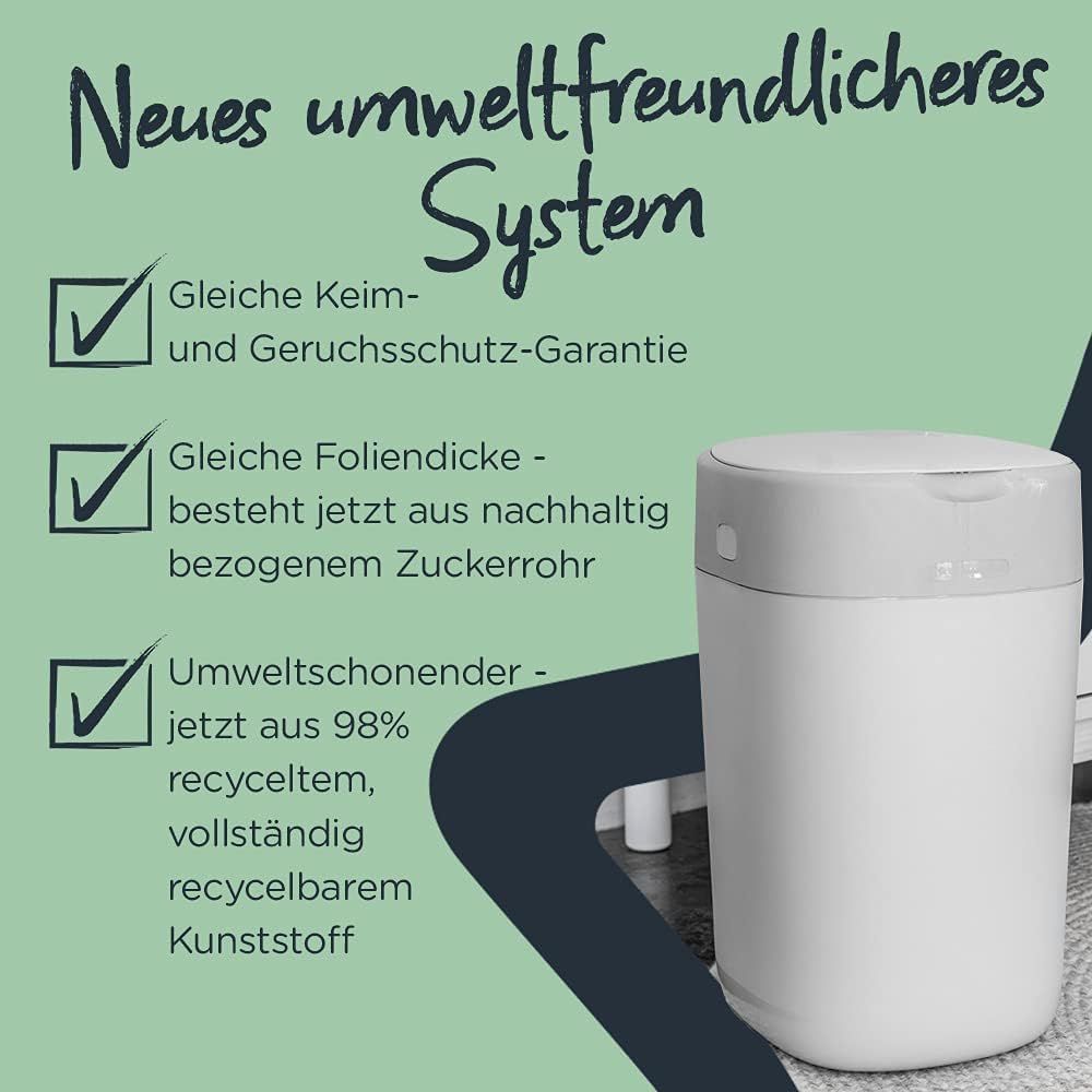 Windeleimer mit Deckel. Text: Neues umweltfreundlicheres System. Umweltfreundlicher, aus recyceltem Kunststoff.