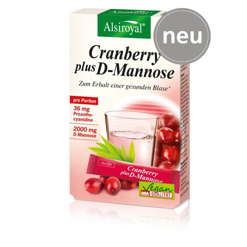 Verpackung mit Produktbeutel und Cranberrys. Text: Alsiroyal Cranberry plus D-Mannose. Vegan. Neu-Siegel.
