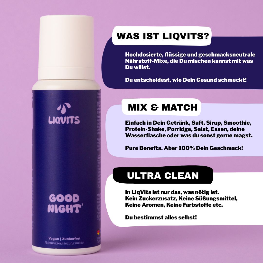 Blaue Flasche mit weißem Pumpkopf. Aufschrift: LIQVITS, GOOD NIGHT. Text auf blauem Hintergrund.