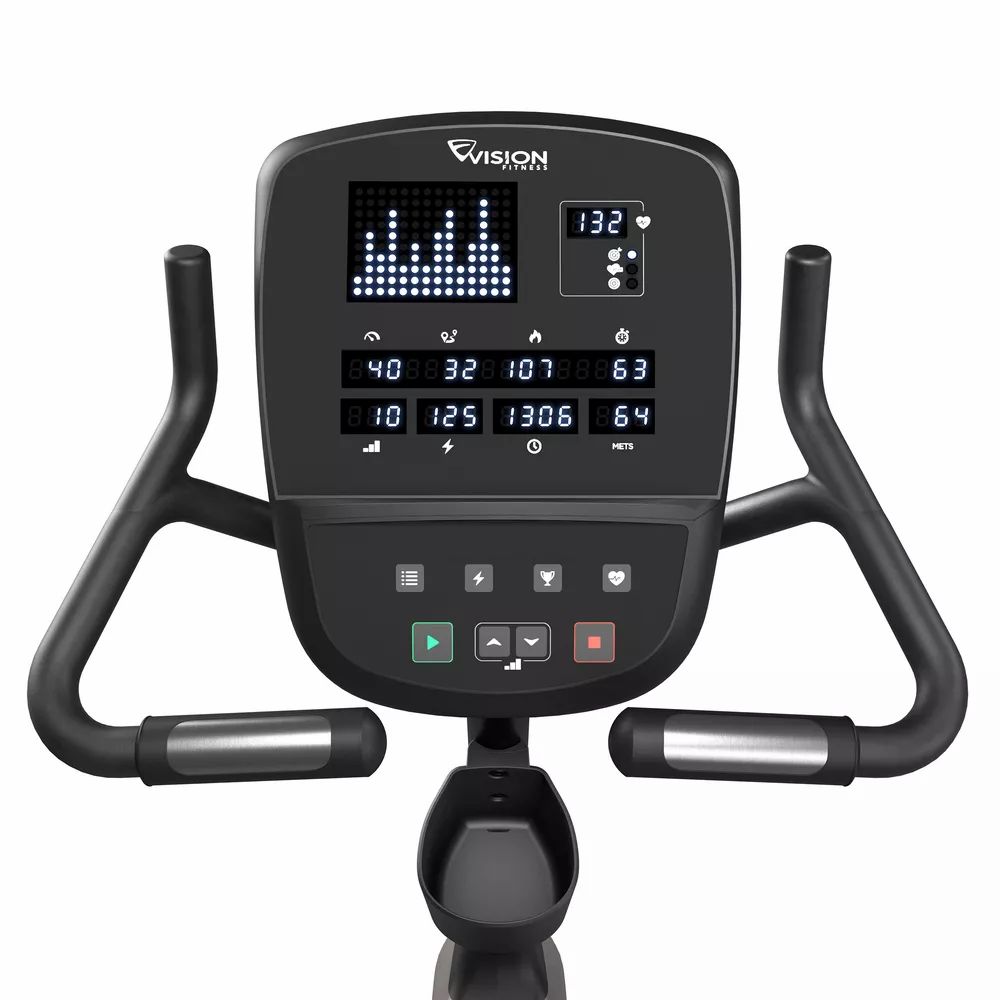 Fahrradtrainer-Konsole, schwarz. Digitalanzeige mit Trainingsdaten. Vision-Logo. Griffe. Knöpfe für Einstellungen.