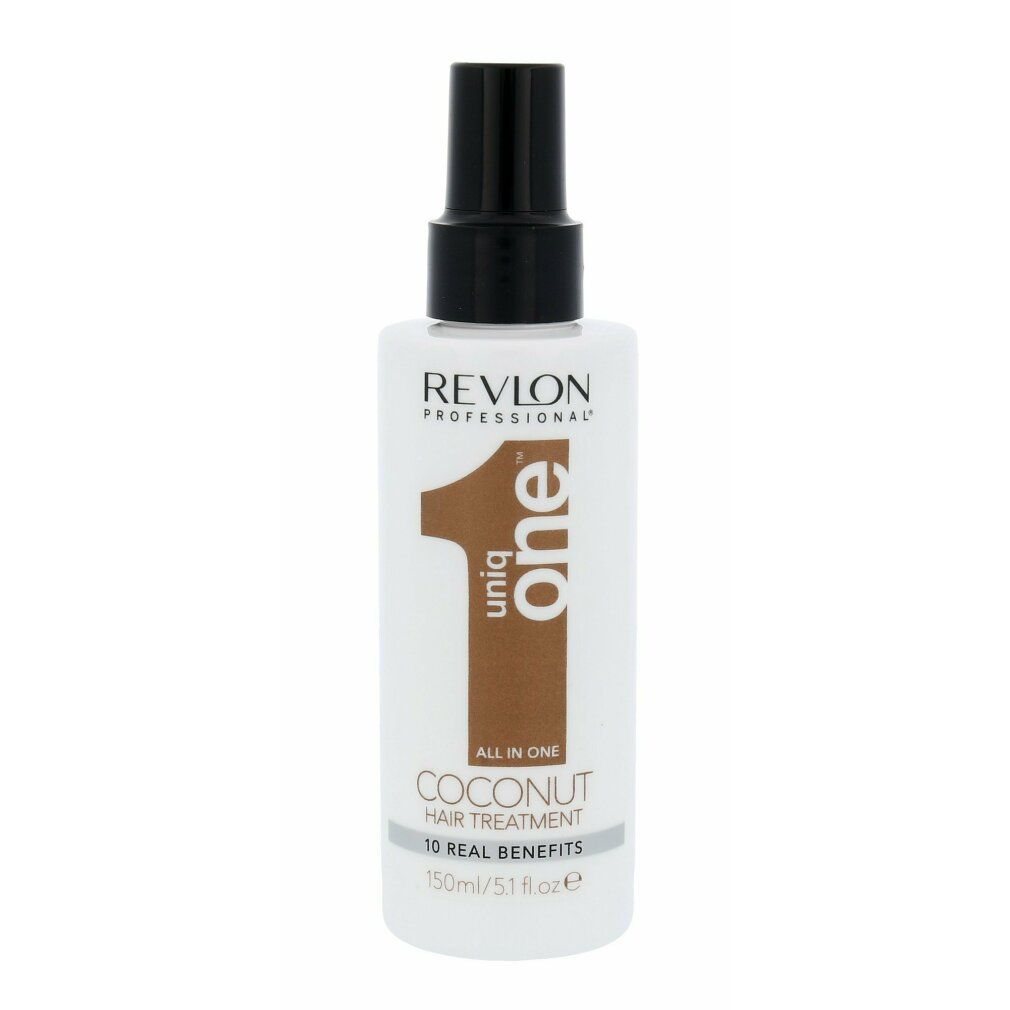Weißes Revlon Professional Uniq One Coconut Haar-Treatment. Schwarzer Sprühkopf. Braune "1". Text: "10 Real Benefits".