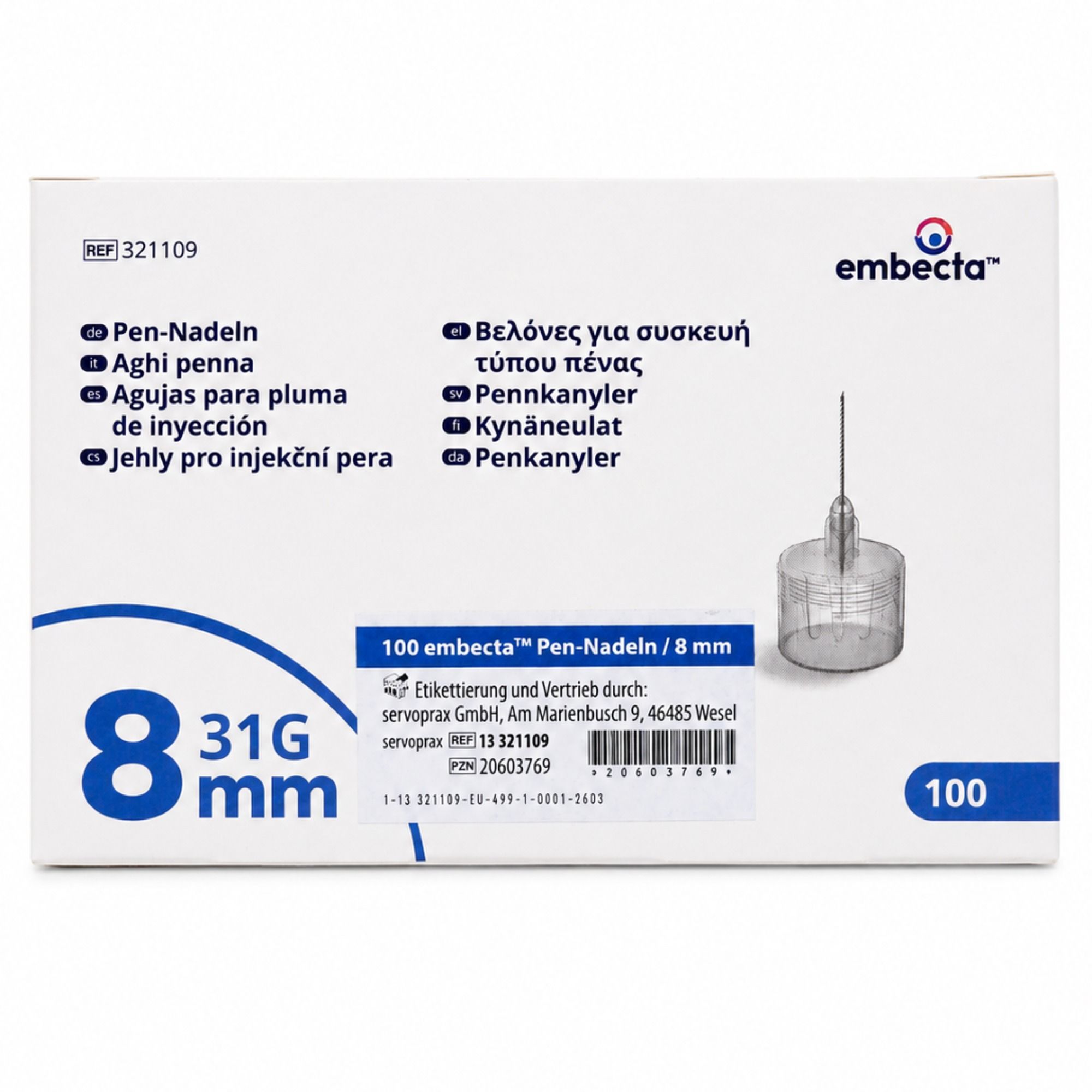 Packung mit 100 Embecta Pen-Nadeln, 8 mm, 31G.