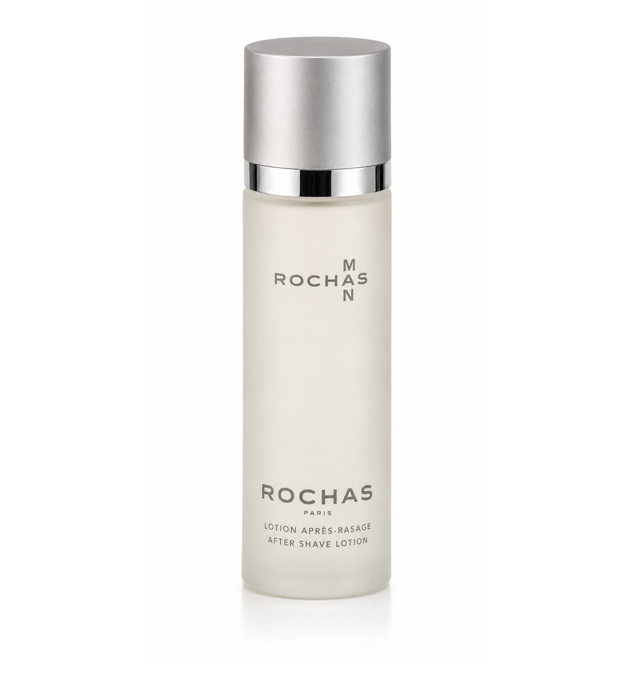 Flakon mit silbernem Deckel. Auf dem Flakon steht "ROCHAS MAN" und "AFTER SHAVE LOTION".