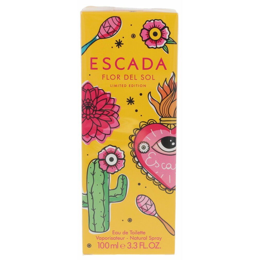 Gelbe Schachtel mit bunten Illustrationen und Text. ESCADA FLOR DEL SOL, Limited Edition. 100ml 3.3 FL.OZ.