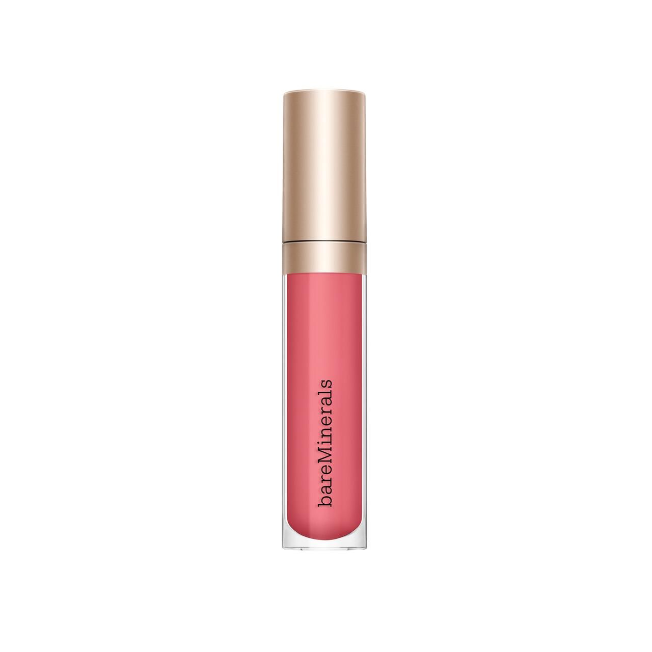 Lipgloss-Tube mit goldfarbenem Deckel. Auf dem Tube steht "bareMinerals". Der Inhalt ist rosa.