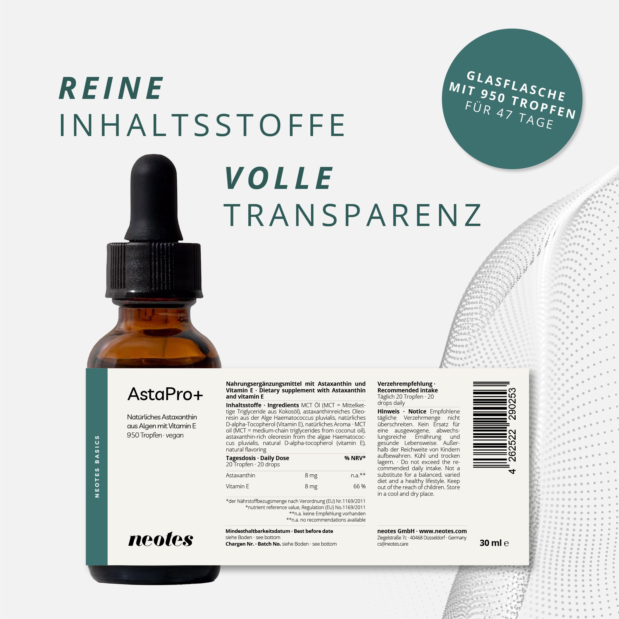 Braune Glasflasche mit Pipette und Etikett. Text: "Reine Inhaltsstoffe, volle Transparenz". Rückseite mit Nährwertangaben.