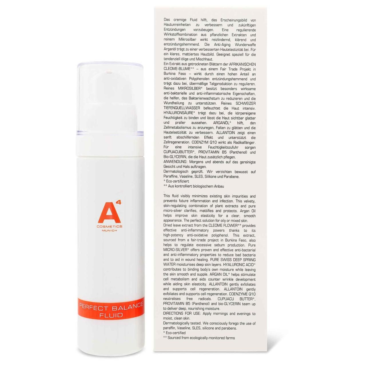 Weiße Flasche mit rotem Logo und Schriftzug. Daneben eine weiße Verpackung mit Text. Produktbezeichnung: Perfect Balance Fluid.