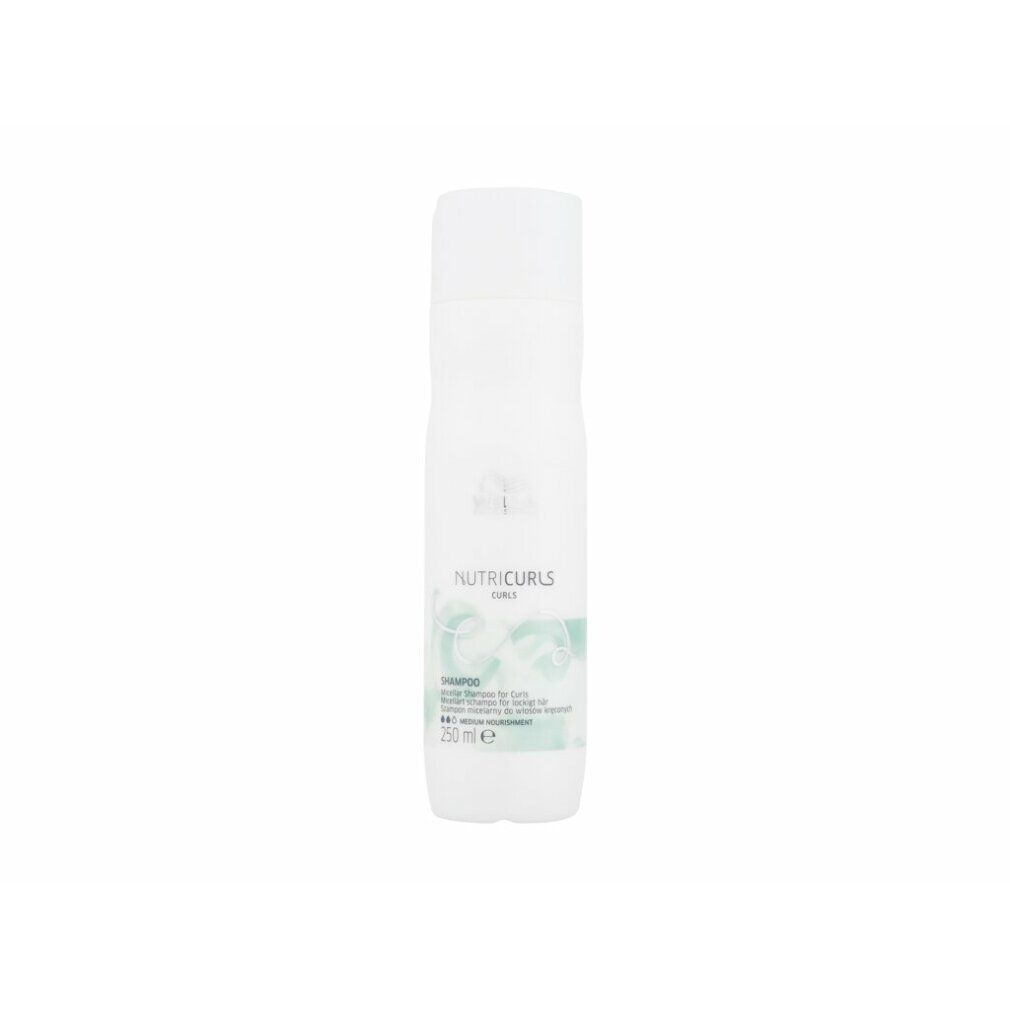 Weiße Shampoo-Flasche mit Wella-Logo und Nutricurls-Schriftzug. Text: Shampoo, für lockiges Haar, 250 ml.
