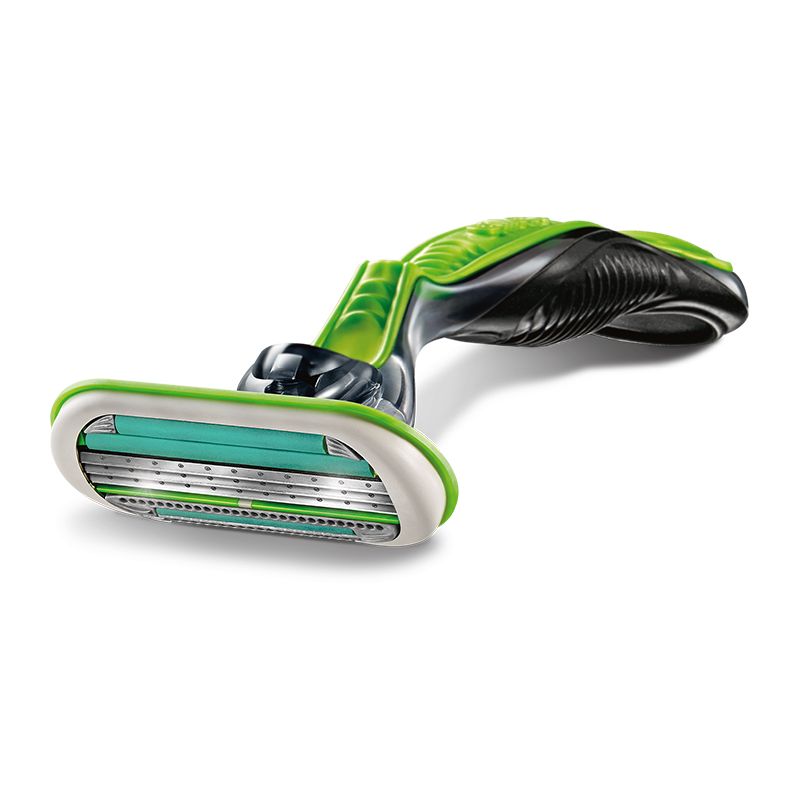 Gillette Body Rasierer. Grün-schwarzer Rasierer mit 3 Klingen. Ergonomischer Griff. Weiße und grüne Klingen.