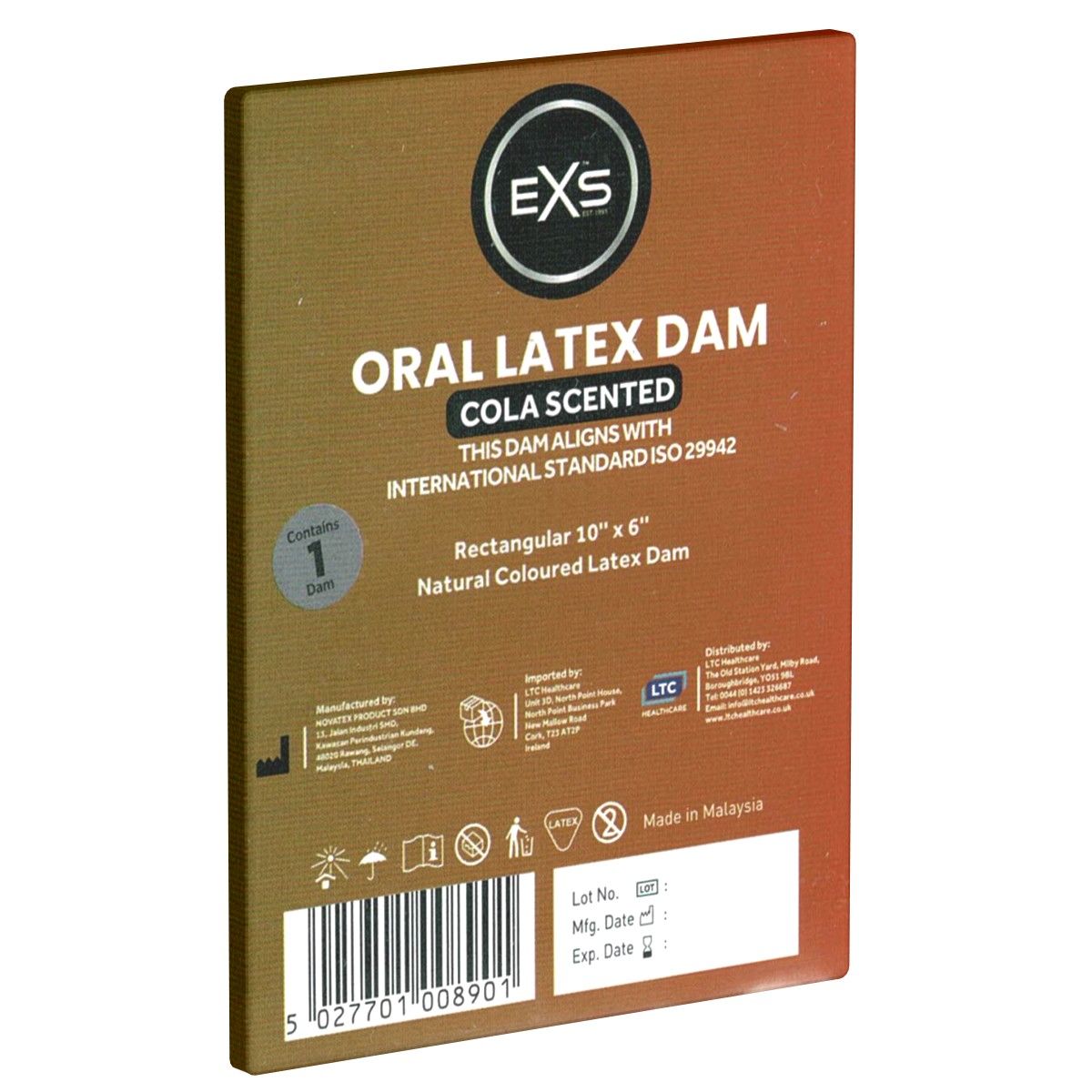 Verpackung mit einem Latex-Dam. Aufschrift: Oral Latex Dam, Cola Scented. Rechteckig, 10" x 6".