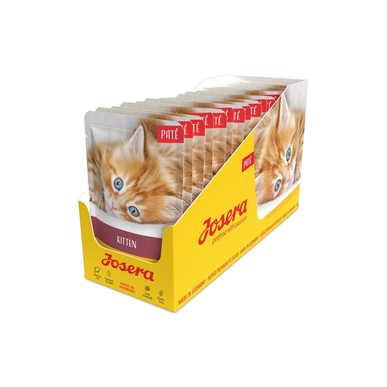 Josera Paté Kitten-Beutel in gelber Kartonverpackung. Aufdruck: Kitten, Paté, Josera. Kätzchen-Abbildung.