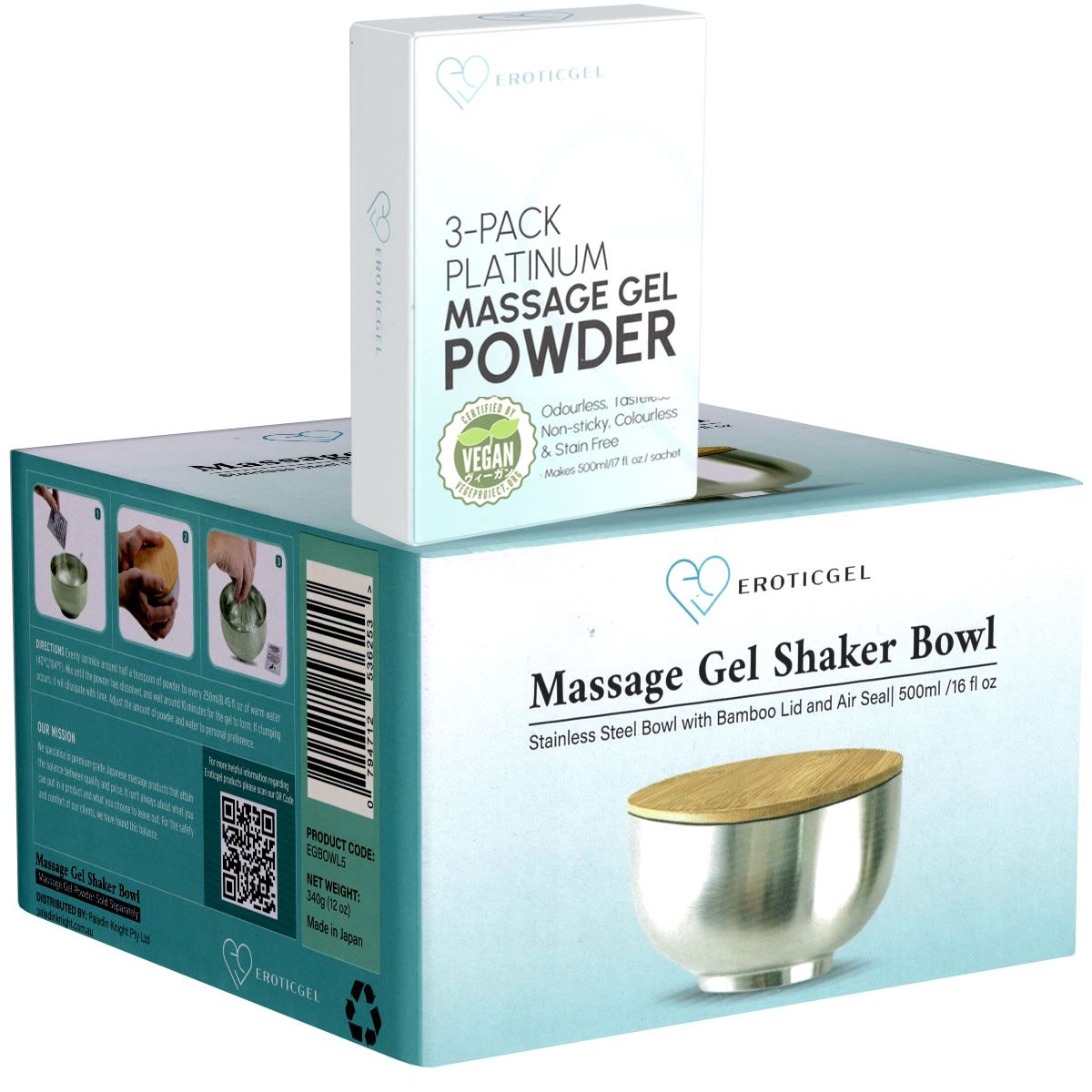 Verpackung mit Massage Gel Powder und Massage Gel Shaker Bowl. Vegan, geruchsneutral, nicht klebend und fleckenfrei.