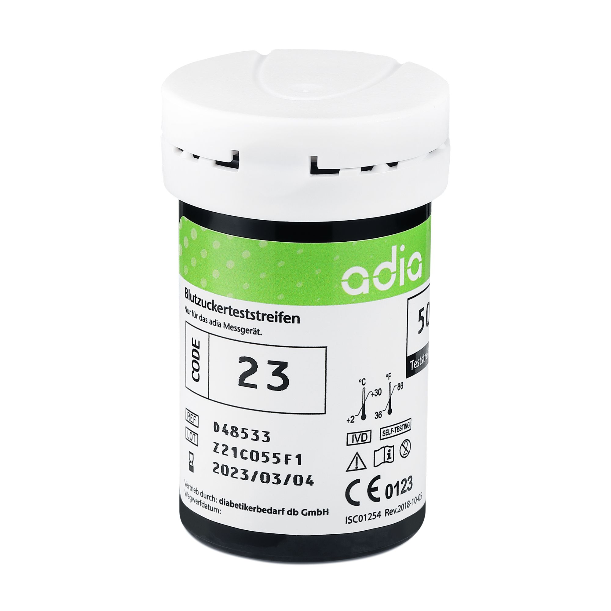 Zylinderförmige Packung mit adia Blutzuckerteststreifen. Aufschrift: 50 Teststreifen, Code 23, CE 0123.