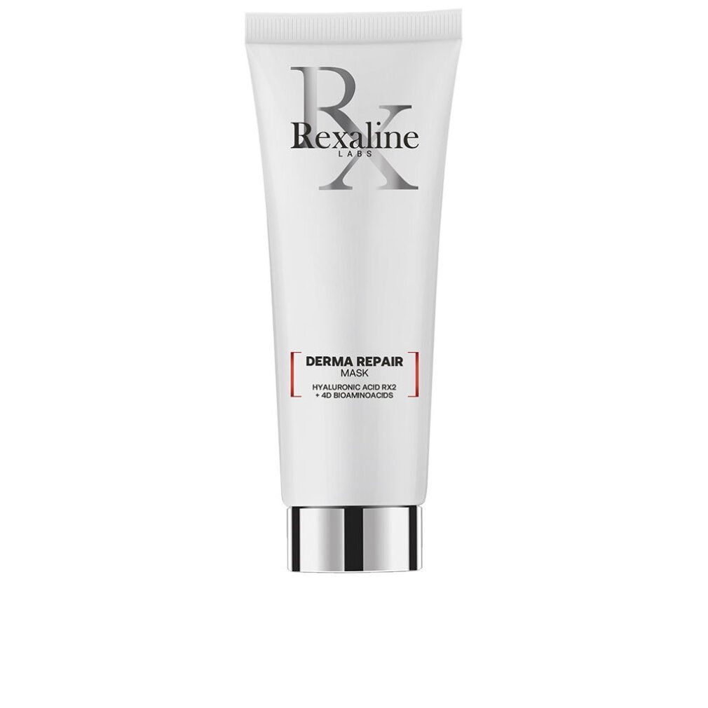 Weiße Tube mit Rexaline-Logo und Schriftzug "Derma Repair Mask". Silberfarbener Verschluss. Text: Hyaluronsäure RX2 + 40 Bioaminosäuren.