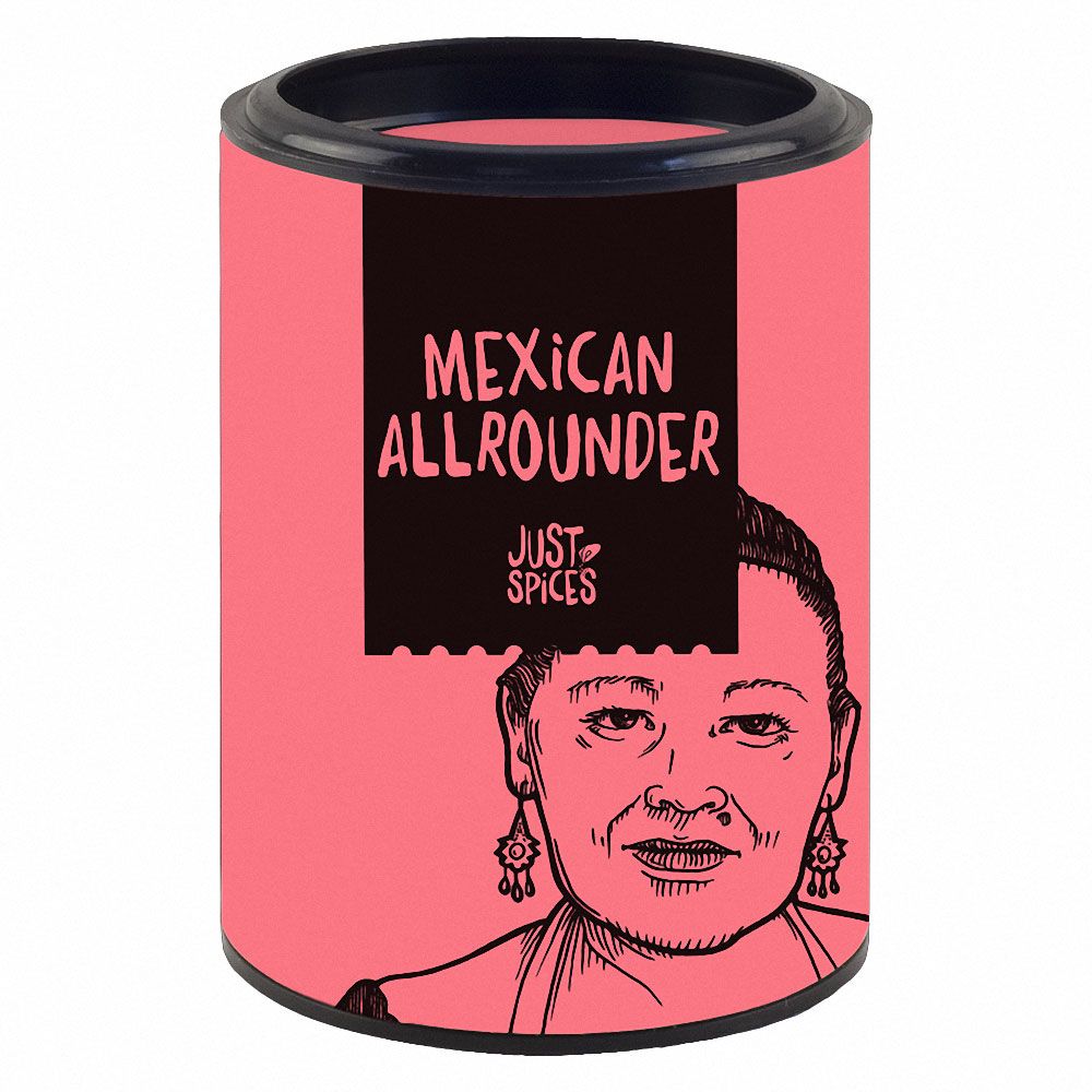 Zylindrische Dose mit rosa Hintergrund. Schwarzes Feld mit "MEXICAN ALLROUNDER" und "JUST SPICES". Frauengesicht als Illustration.