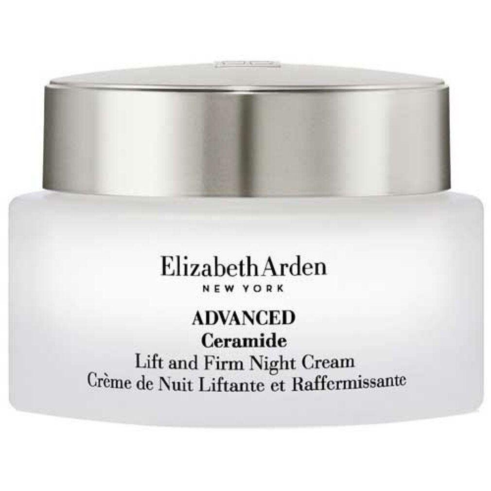 Creme-Glas mit silbernem Deckel. Produktname und Marke Elizabeth Arden.