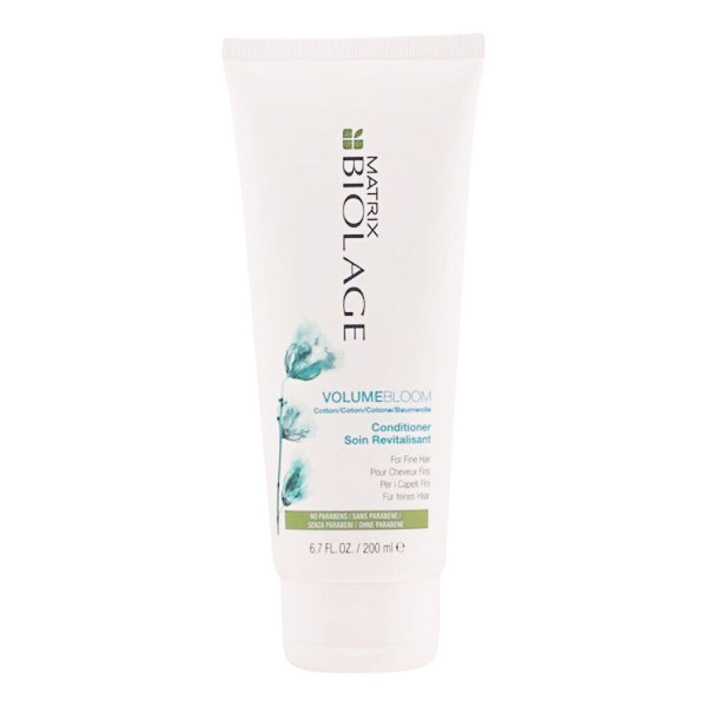 Weiße Tube BIOLAGE volumebloom Conditioner. Grüne und blaue Grafik. Text: Conditioner, 6.7 fl. oz / 200 ml.