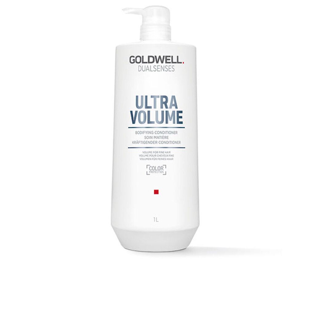 Goldwell Dual Senses Ultra Volume Conditioner. Weiße Flasche mit Pumpe. Text: Ultra Volume, Bodifying Conditioner, Color Protection. 1L.
