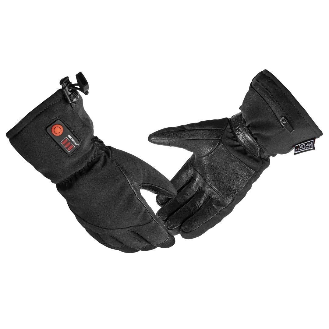Schwarze Handschuhe mit Lederhandfläche. Sichtbare Bedienelemente und Reißverschluss. BERTSCHAT® Logo.
