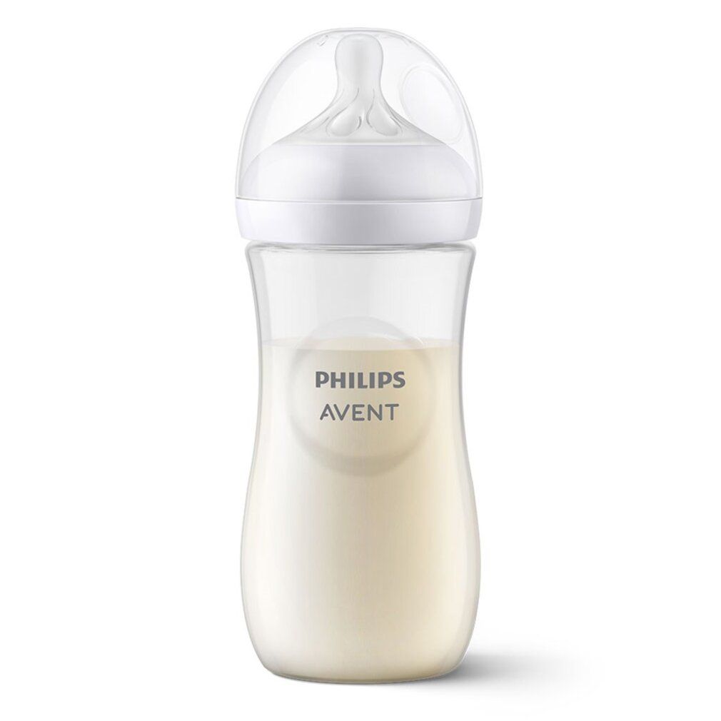 Babyflasche mit Milch. Durchsichtiger Behälter mit weißem Deckel und Sauger. Aufschrift: Philips Avent.