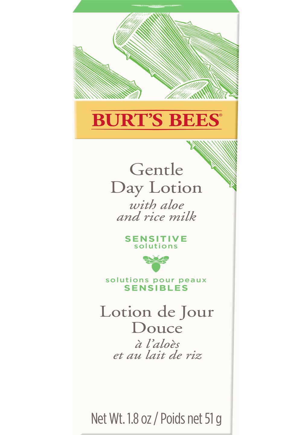 Verpackung von Burt's Bees Gentle Day Lotion. Weiß mit grünen Aloe-Vera-Illustrationen. Text: Gentle Day Lotion, Sensitive Solutions.