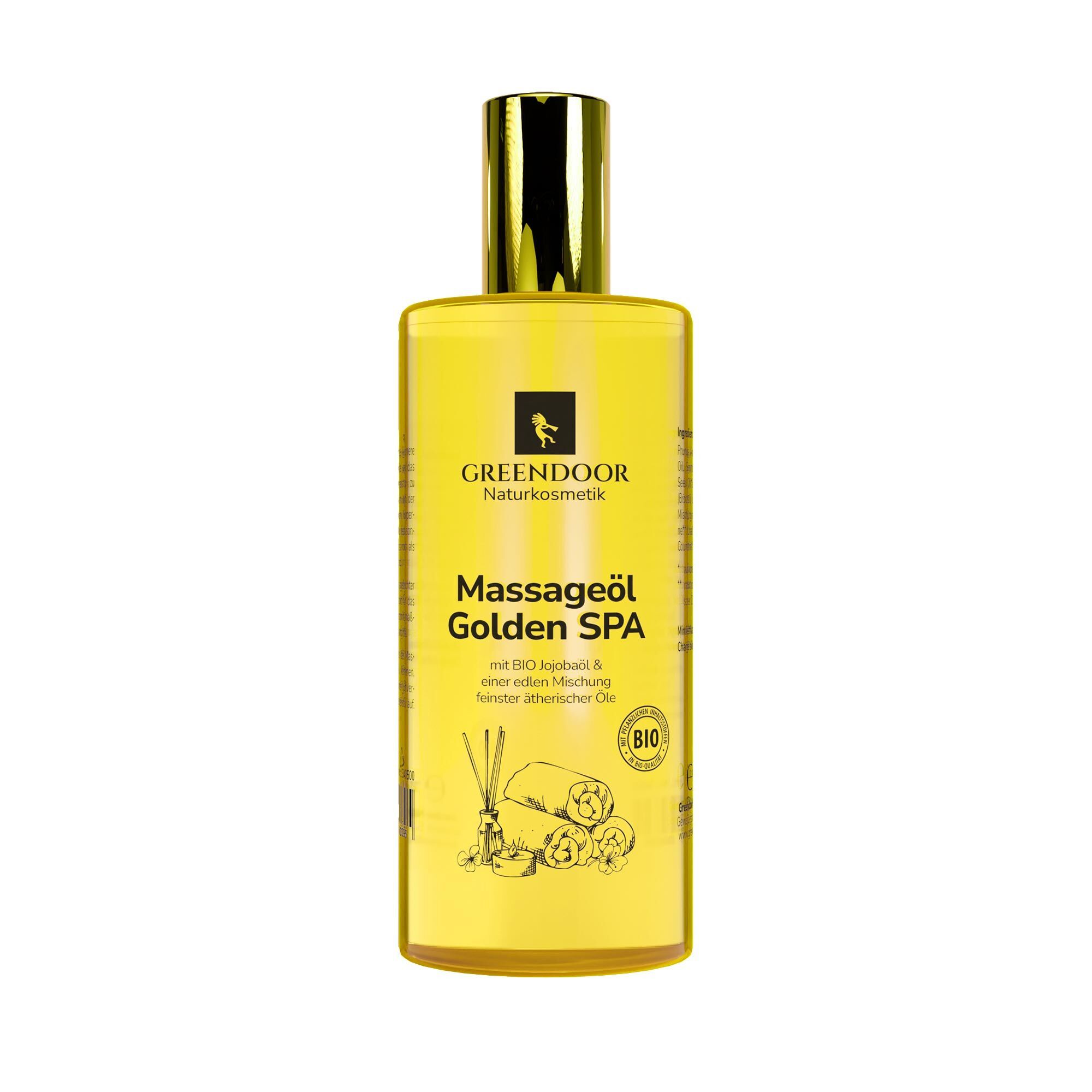 Gelbliche Flasche mit goldfarbenem Verschluss. Aufschrift: GREENDOOR Massageöl Golden SPA. Bio-Siegel.