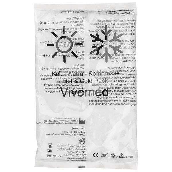 Kalt-Warm-Kompression Vivomed mit Symbolen für Kälte und Wärme.