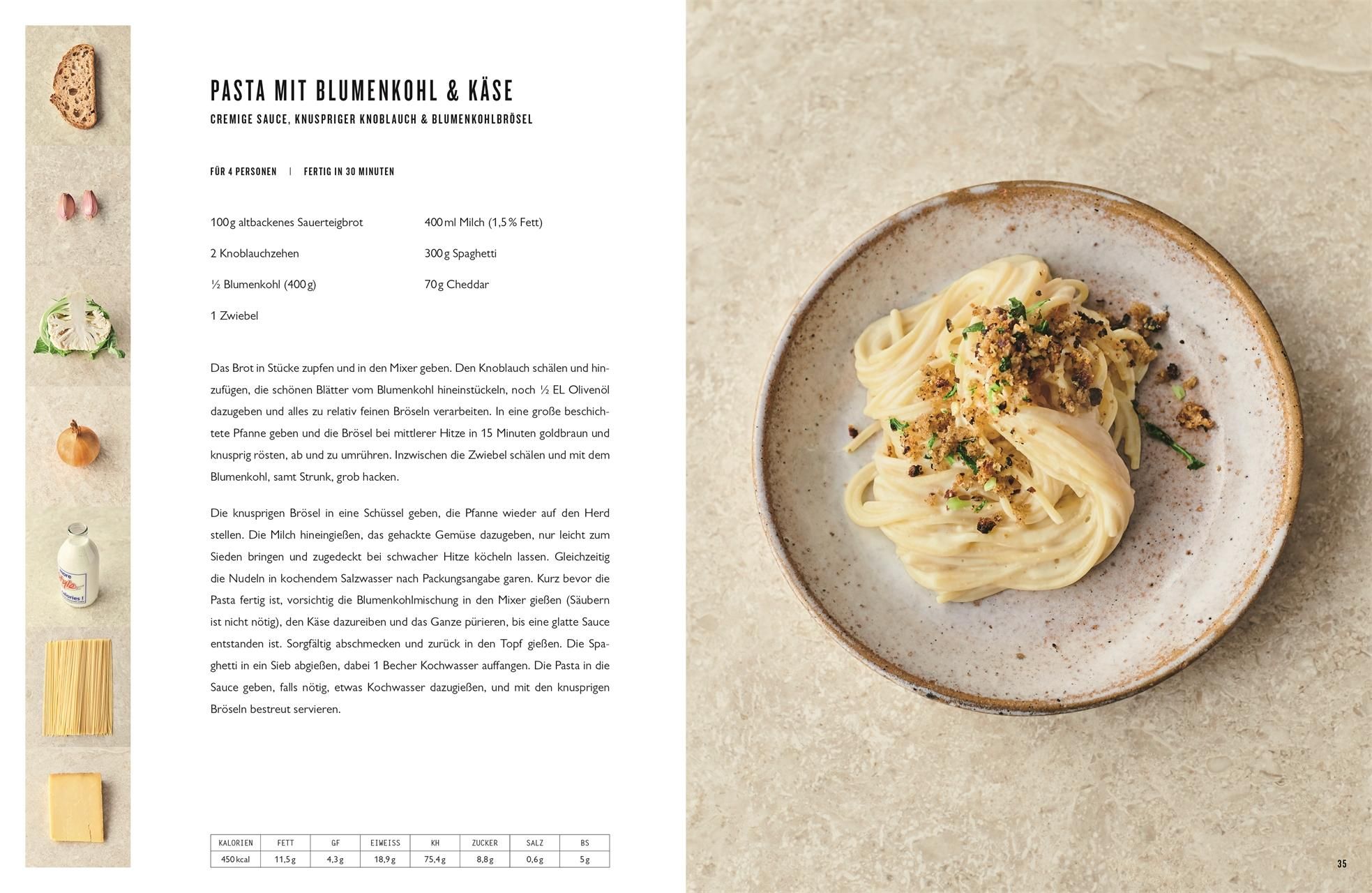 Kochbuchseite mit Rezept "Pasta mit Blumenkohl & Käse". Pasta auf Teller. Zutaten links.