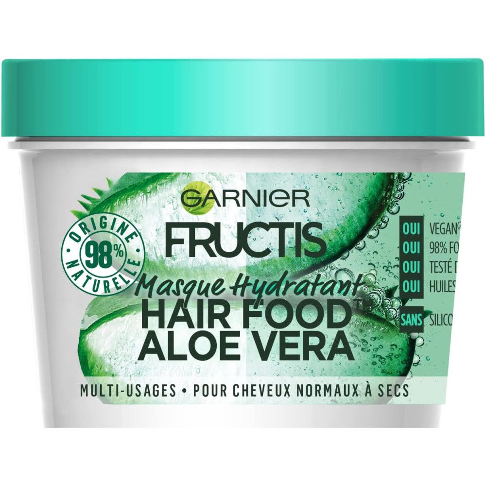 Haarmaske mit Aloe Vera. Runde Dose mit grünem Deckel. Text: Garnier Fructis Hair Food. 98% natürliche Inhaltsstoffe. Vegan.