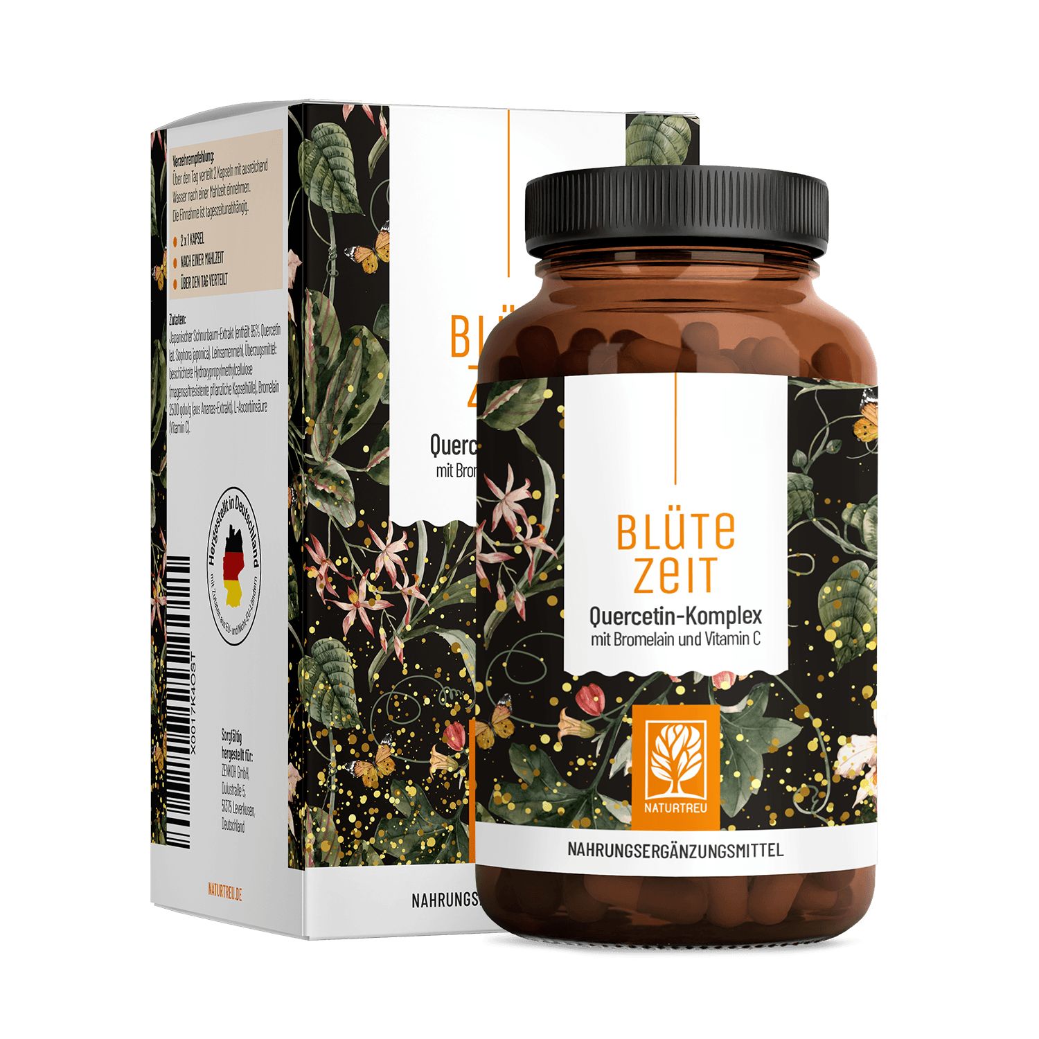 Braune Glasflasche mit Quercetin-Komplex Kapseln und Kartonverpackung, floralem Design.