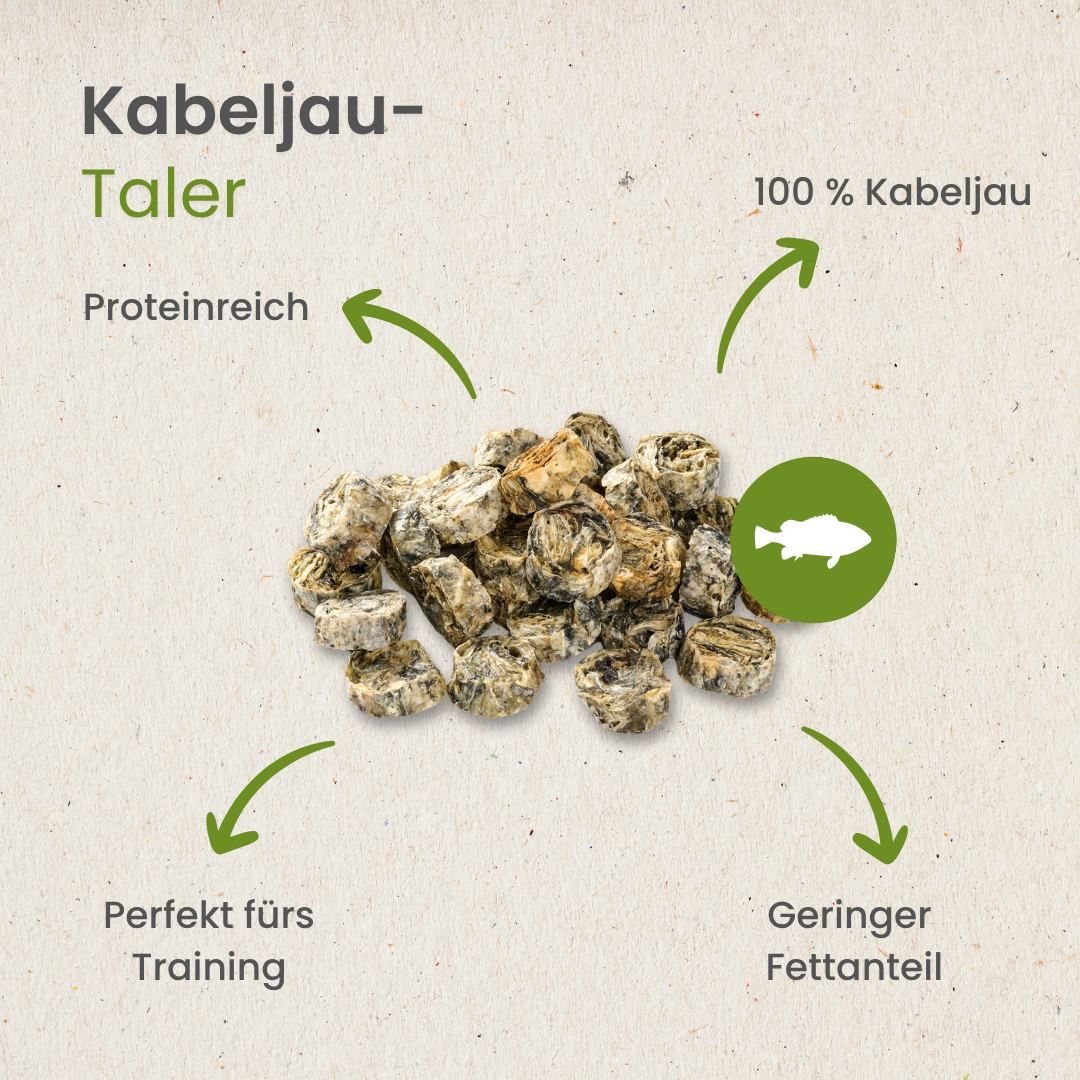 Kabeljau-Taler: 100% Kabeljau, proteinreich, geringer Fettanteil, perfekt fürs Training.