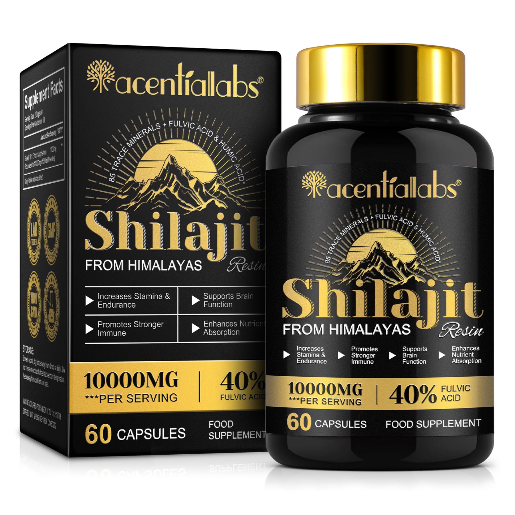 Produktverpackung: Schwarze Dose und Schachtel. Aufschrift: Shilajit, 10000mg, 40% Fulvinsäure. 60 Kapseln. Mit Logo.