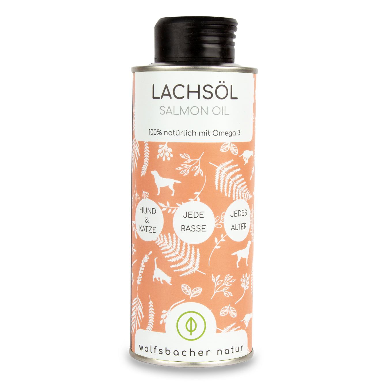 Zylindrische Flasche Lachsöl mit schwarzem Deckel. Aufschrift: Lachsöl, Salmon Oil, 100% natürlich mit Omega 3. Illustrationen.