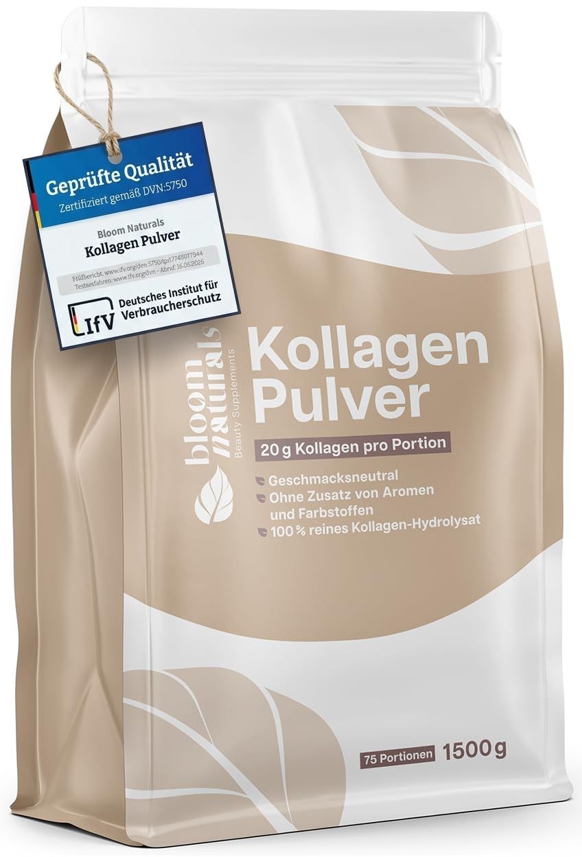 Beutel mit Bloom Naturals Kollagen Pulver. Aufschrift: 20 g pro Portion, 1500 g, 75 Portionen. Zertifizierungs-Anhänger.