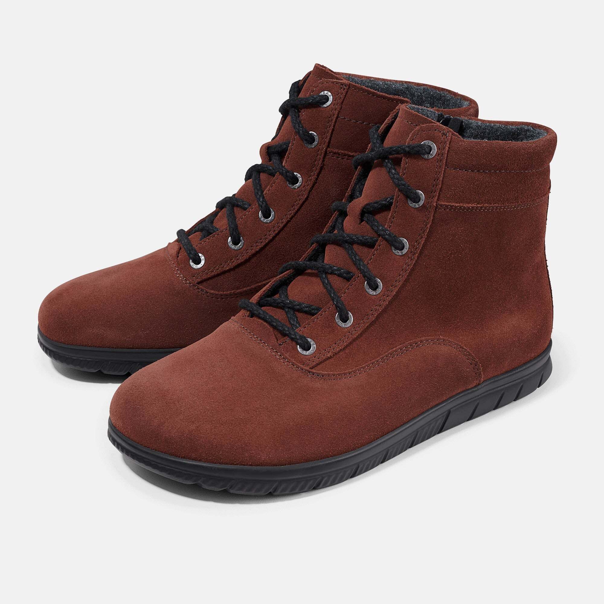 Damen-Stiefeletten aus braunem Wildleder, Seitenansicht.