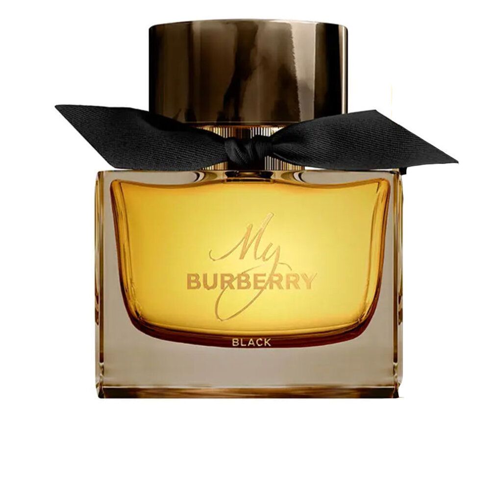 Quadratischer Flakon mit goldfarbener Flüssigkeit, schwarzer Schleife und goldfarbenem Deckel. Schriftzug 'My BURBERRY BLACK'.