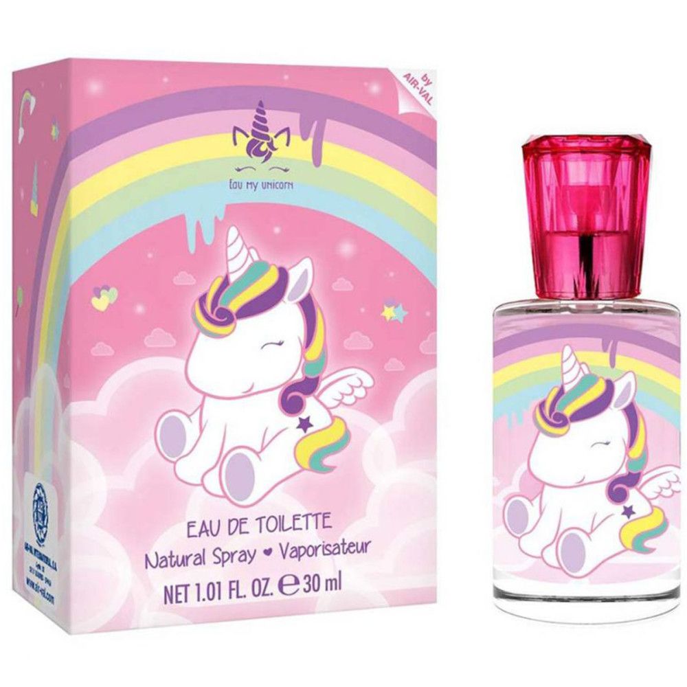 Parfümflakon und Verpackung mit Einhorn-Illustration. Rosa Verpackung mit Regenbogen und Produktbezeichnung.