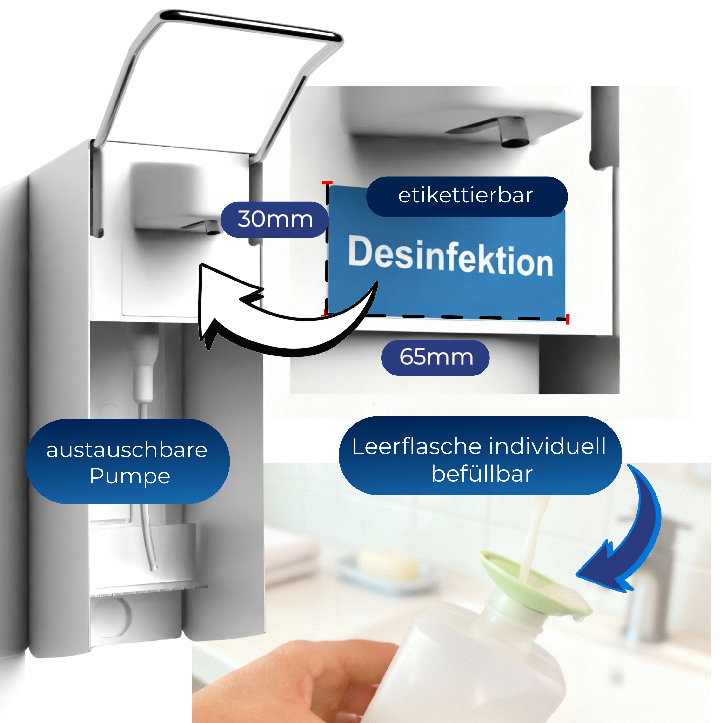 Nahaufnahme des Wandspenders mit austauschbarer Pumpe und beschriftbarer Fläche für Desinfektion. Leerflasche.