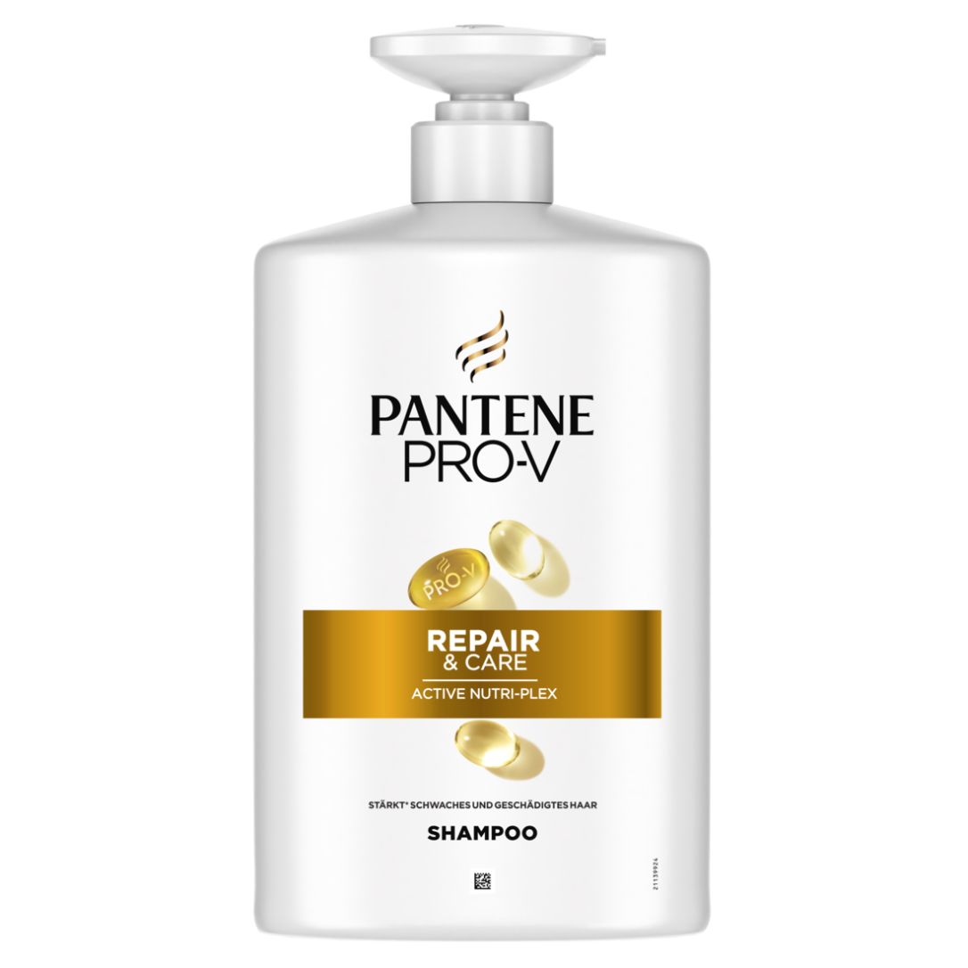 Weiße Shampoo-Flasche mit Pumpkopf. Goldfarbenes Etikett mit Schriftzug: Pantene Pro-V Repair & Care. Produktname: Shampoo.