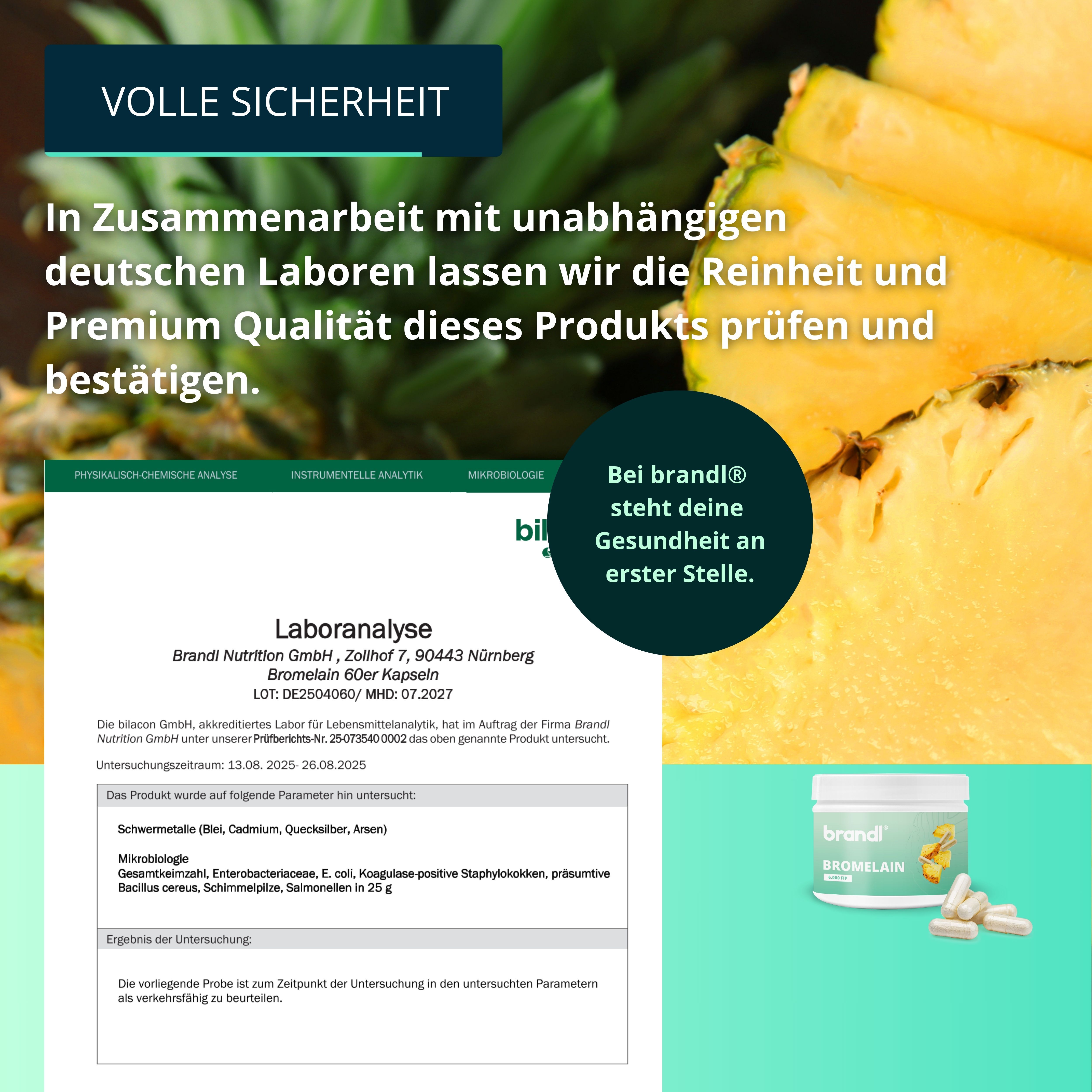 Laboranalyse-Zertifikat mit Produktglas und Kapseln. Text: Laboranalyse, Brandl Nutrition GmbH, 60 Kapseln.
